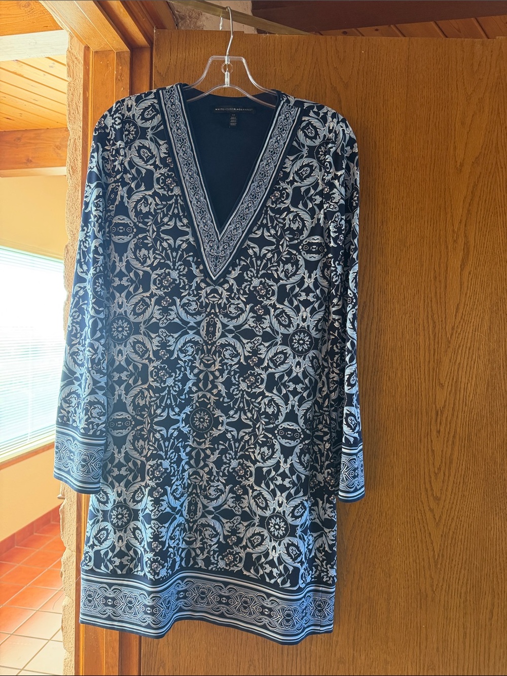 White House Black Market Navy and White V-Neck Long Sleeve Dress